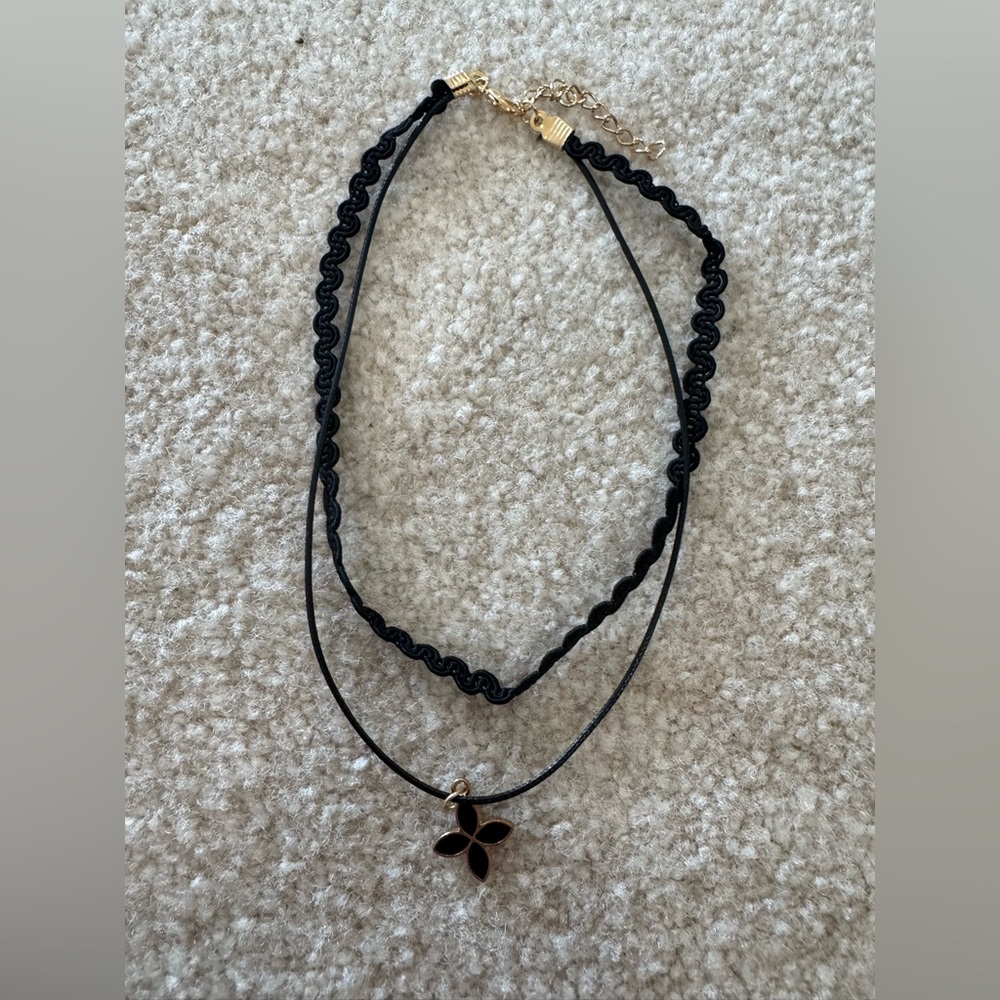 Black Layered Cord Choker Necklace with Flower Pendant
